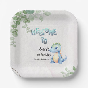 Süßer Aquarell-Baby-Dinosaurier zum 1. Geburtstag Pappteller