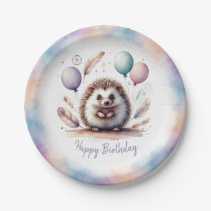Süßer Aquarell-Igel mit Luftballons zum Geburtstag Pappteller
