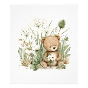 Süßer Aquarell-Teddybär mit Wildblumen Fotodruck
