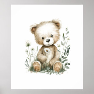 Süßer Aquarell-Teddybär mit Wildblumen Poster