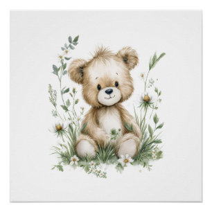 Süßer Aquarell-Teddybär mit Wildblumen Poster
