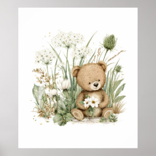 Süßer Aquarell-Teddybär mit Wildblumen Poster