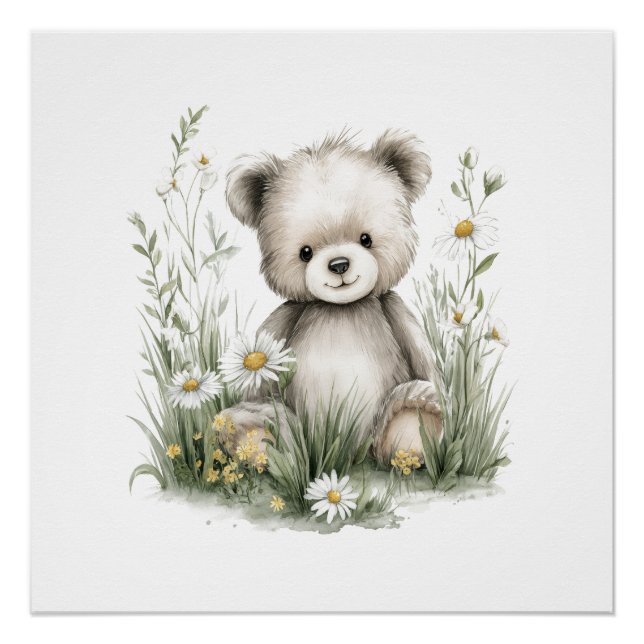 Süßer Aquarell-Teddybär mit Wildblumen Poster (Vorderseite)