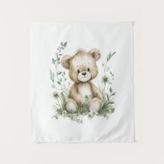 Süßer Aquarell-Teddybär mit Wildblumen Wandteppich