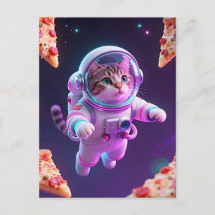Süßer Astronaut Katzen schwebender Pizza Weltraum  Postkarte