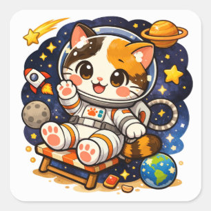 Süßer Astronaut Katzen   Weltraumkatze Illustratio Quadratischer Aufkleber