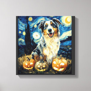 Süßer Australian Shepherd Hund Halloween Jack O La Leinwanddruck