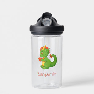 Süßer Baby-Drache hält Tasse Trinkflasche