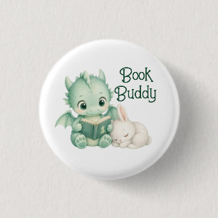 Süßer Baby-Drache liest Buch-Geschichtenbuch-Kinde Button