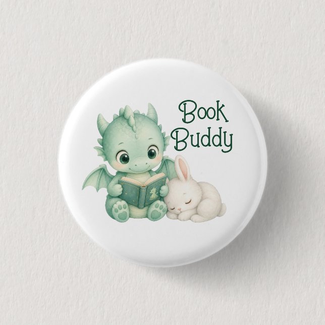 Süßer Baby-Drache liest Buch-Geschichtenbuch-Kinde Button (Vorderseite)