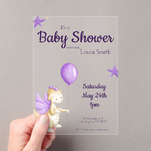 Süßer Baby-Drache Lila Mädchen-Baby-Party Acryleinladungen