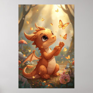 Süßer Baby-Drache mit Schmetterlingen-Nursery-Wand Poster