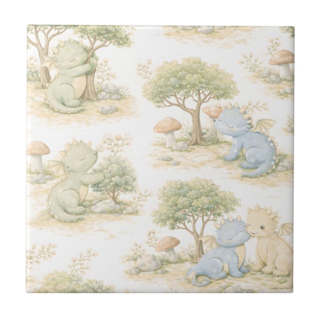 Süßer Baby-Drache Pastell-Waldmuster (2) Fliese (Vorderseite)