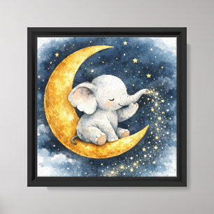 Süßer Baby-Elefant auf Mond-Aquarell-Kinderzimmer- Leinwanddruck