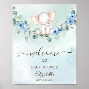Süßer Baby-Elefant Blaue Rosen Poster