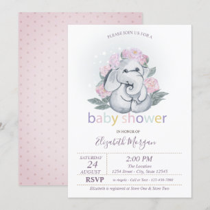 Süßer Baby Elefant Blumen Polka Punkte Baby Shower Einladung