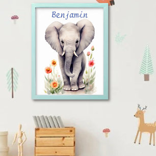 Süßer Baby-Elefant Pastell-Aquarell-Frühlingsblume Poster