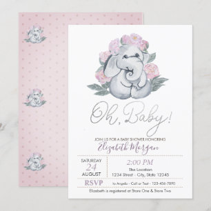 Süßer Baby-Elefant Punkte Blumen Baby-Party Einladung