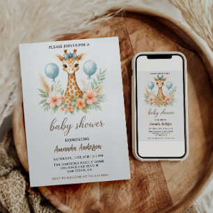 Süßer Baby-Giraffen-Junge-Baby-Party Blaues Safa Einladung