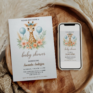 Süßer Baby-Giraffen-Junge-Baby-Party | Blaues Safa Einladung