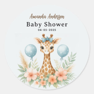 Süßer Baby-Giraffen-Junge-Baby-Shower Blaues Saf Runder Aufkleber