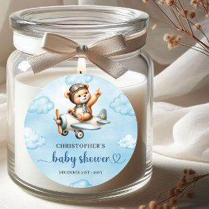 Süßer Baby-Junge-Teddy-Aviator-Blau-Braun-Aufklebe Runder Aufkleber