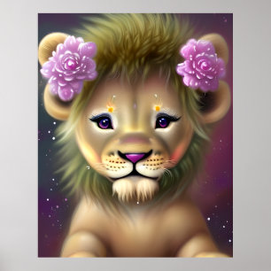 Süßer Baby-Löwe mit rosa Blumen Grafik Poster