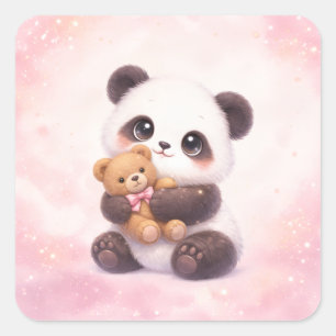 Süßer Baby-Panda umarmt Teddybär Quadratischer Auf Aufkleber