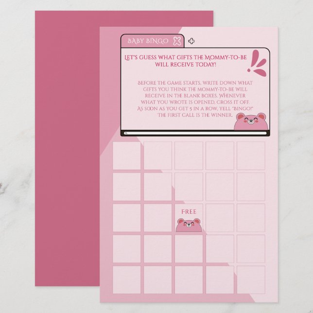 Süßer Baby-Rosa-Bär-Computermonitor-Baby-Bingo (Vorne/Hinten)