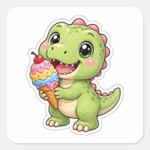 Süßer Baby-T-Rex mit Eiscreme-Kunst Quadratischer Aufkleber