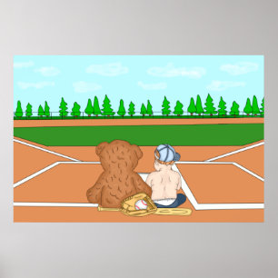 Süßer Babyjunge mit Baseballkappe neben Teddybär Poster