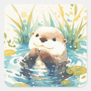Süßer Babyotter schwimmt im blauen Teich Quadratischer Aufkleber