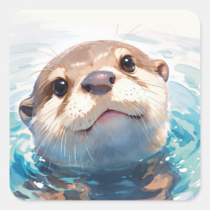 Süßer Babyotter schwimmt in blauen Wasserwellen Quadratischer Aufkleber