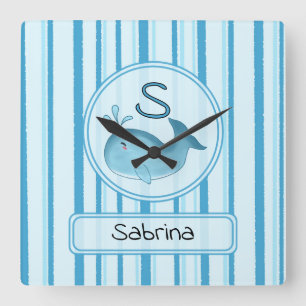 Süßer Babywal Blaue Streifen Quadratische Wanduhr
