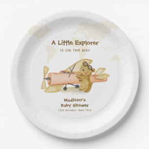 Süßer Bär Explorer Weltkarte Flugzeug Baby Shower Pappteller