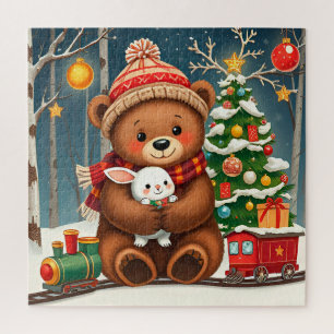 Süßer Bär hält Hasen neben dem Weihnachtsbaum Puzzle