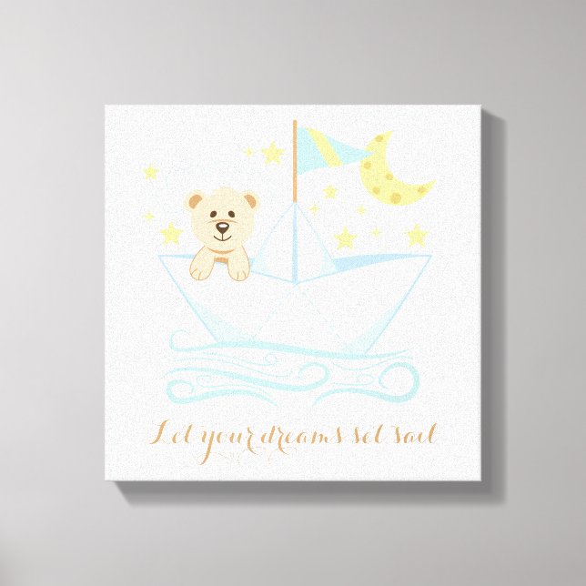 Süßer Bär im Kinderzimmer des Papierbootes Leinwanddruck (Vorderseite)