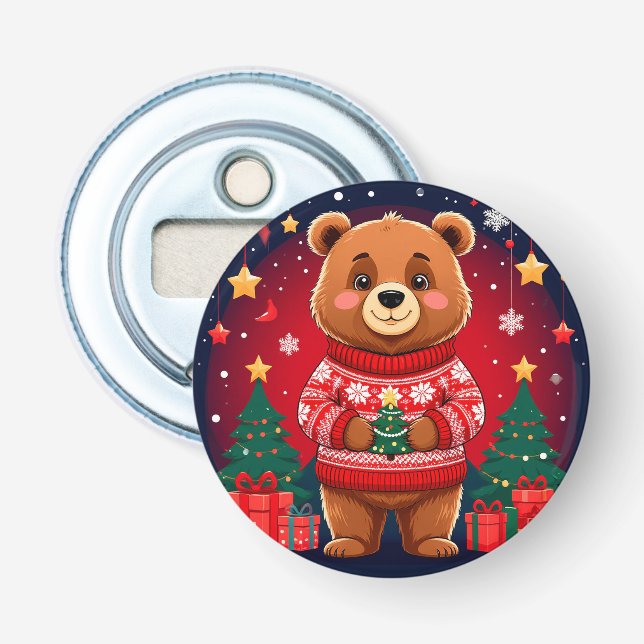 Süßer Bär im Weihnachtspullover Flaschenöffner (Vorderseite)