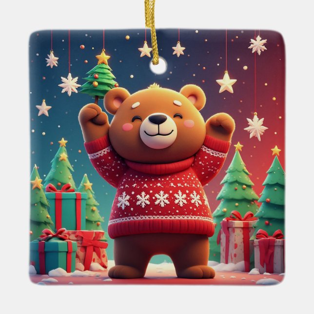 Süßer Bär im Weihnachtspullover Keramikornament (Vorderseite)