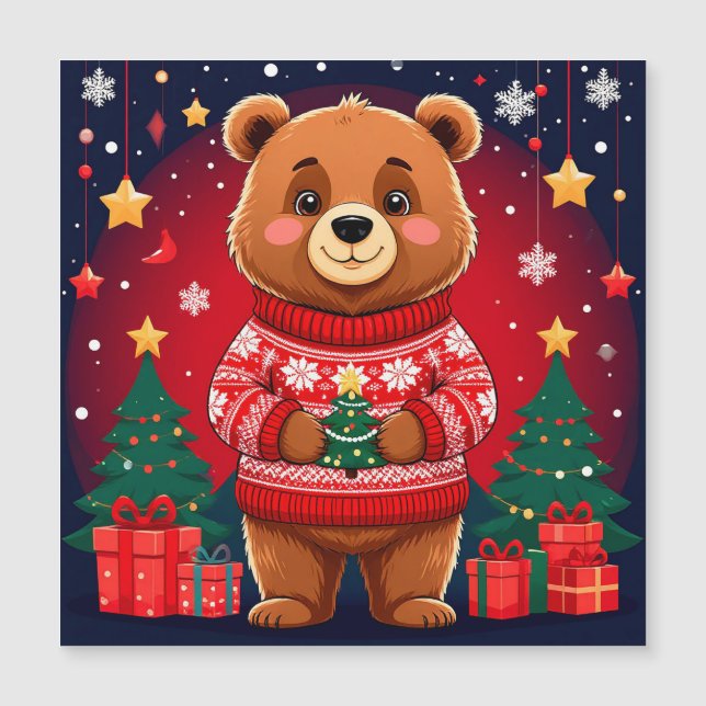 Süßer Bär im Weihnachtspullover Magnetkarte (Vorderseite)