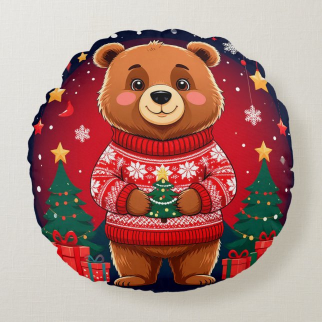 Süßer Bär im Weihnachtspullover Rundes Kissen (Vorderseite)