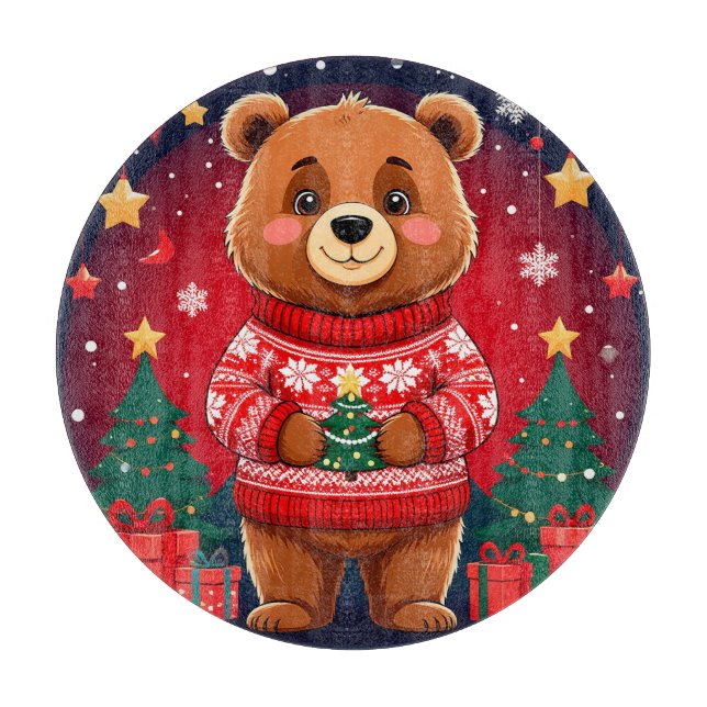 Süßer Bär im Weihnachtspullover Schneidebrett (Vorderseite)