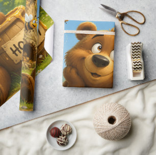 Süßer Bär mit Honigfass & glücklichen Bienen Geschenkpapier