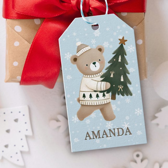 Süßer Bär Weihnachtsbaum Schneeflocken Kinder Name Geschenkanhänger (Von Creator hochgeladen)