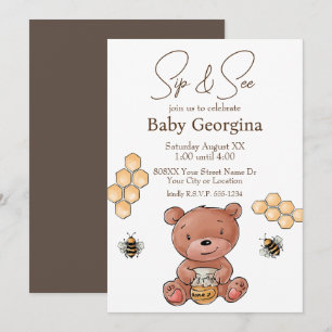 Süßer Bärenjunge und Honigbienen Baby Sip and See Einladung