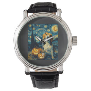 Süßer Beagle-Hund Halloween Jack O Lantern Kürbis Armbanduhr