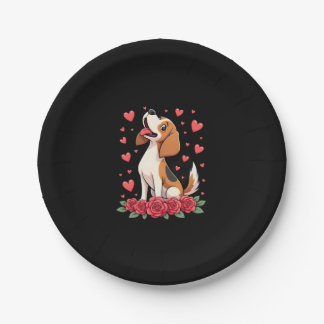 Süßer Beagle mit roten Rosen Herzen Floral Valenti Pappteller