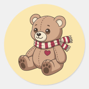 Süßer beiger Teddybär mit gestreifter gelber Schär Runder Aufkleber
