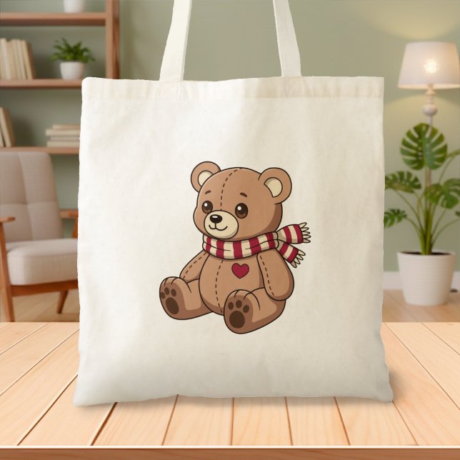 Süßer beiger Teddybär mit gestreifter Schal Tragetasche (Von Creator hochgeladen)