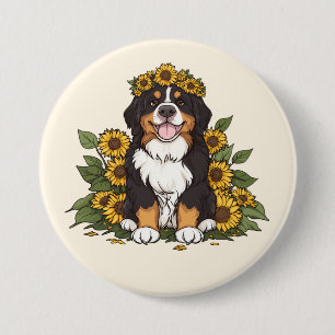 Süßer Berner Sennenhund mit Sonnenblumenkrone Button
